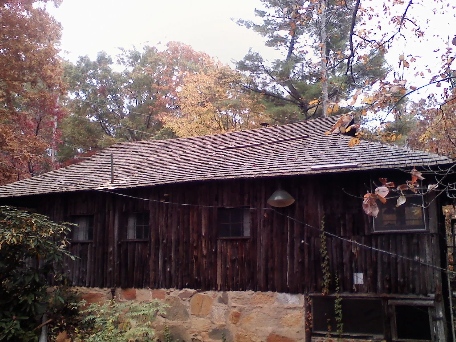 Weathered wood shake roof on a rustic board sided cabin in Monee