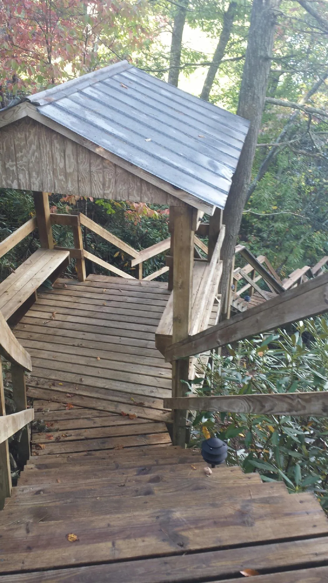 Metal roofed shelter over wooden steps on a wooded walkway — Skylight Repair & Installation work by our crew in Monee